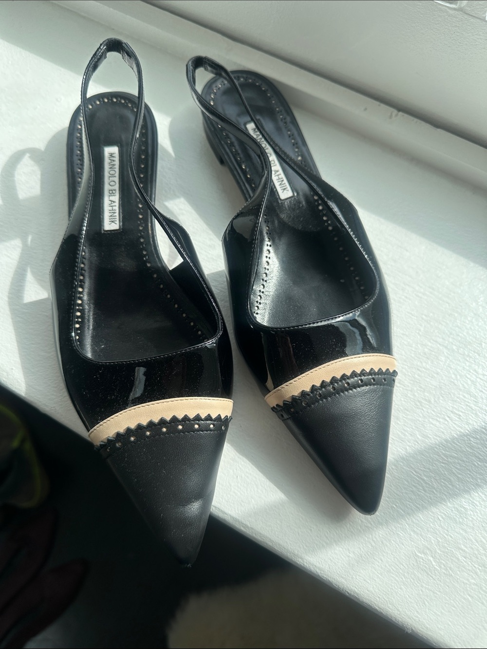 Manolo Blahnik Black and Beige Pointed Slingback Flats with Decorative Trim